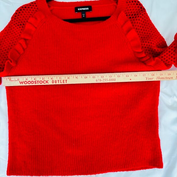 Express Women Red Knit Ruffled Eyelet Detail Ballon Sleeve Pullover Sweater Sz S - Picture 10 of 11